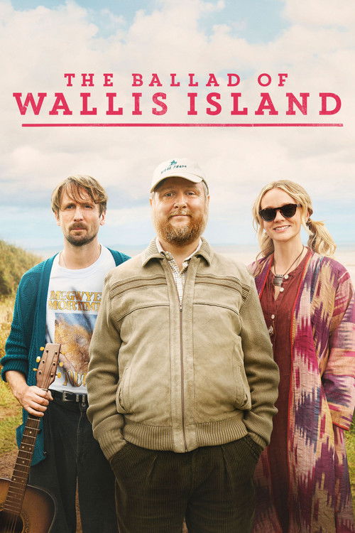 The poster features three characters standing against a bright, sunny backdrop. The warm tones of their clothing and the vibrant sky create a nostalgic, inviting mood. The title, "The Ballad of Wallis Island," is prominently displayed at the top in bold red letters.