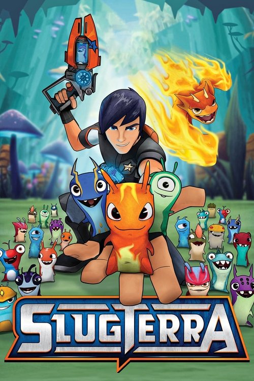 The poster features a determined young man holding a futuristic weapon, surrounded by colorful, animated characters in a vibrant, adventurous setting. The warm orange and blue hues create a dynamic and energetic atmosphere, suggesting an exciting journey through a mysterious world.