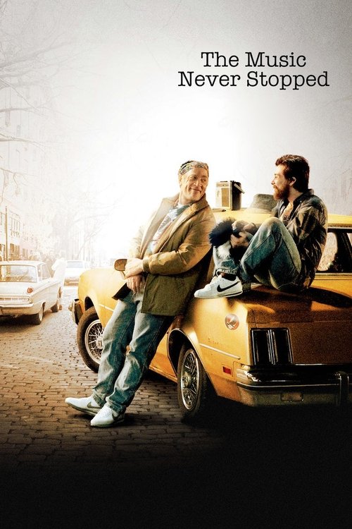 The poster features two men relaxing on a vintage yellow car, exuding a nostalgic, warm mood. The warm tones and soft lighting evoke a sense of camaraderie and timeless friendship, capturing the essence of classic rock and roll culture.