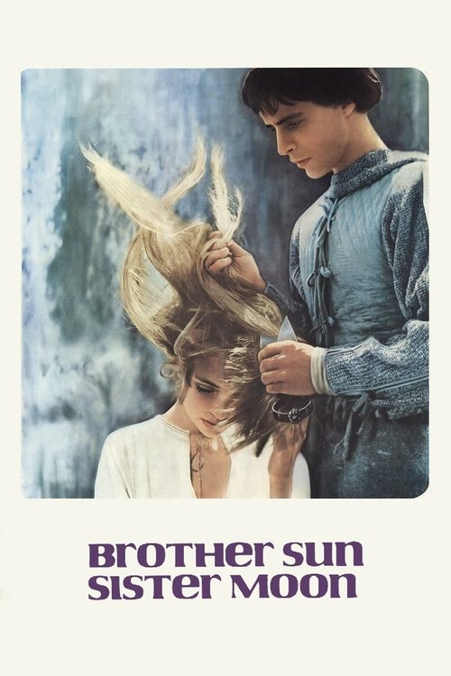 The poster features a tender moment between two young characters, one with flowing blonde hair and the other with dark hair, set against a soft, dreamy blue background. The mood is warm and nostalgic, capturing a timeless bond between siblings.