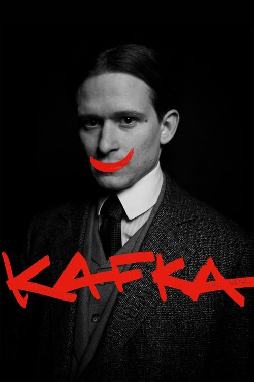 The poster features a man in a dark suit against a black background, with a red, jagged smile across his face. The bold red text "KAFKA" dominates the lower portion, suggesting a horror or thriller genre. The stark contrast between the black backdrop and red elements creates an eerie, suspenseful...