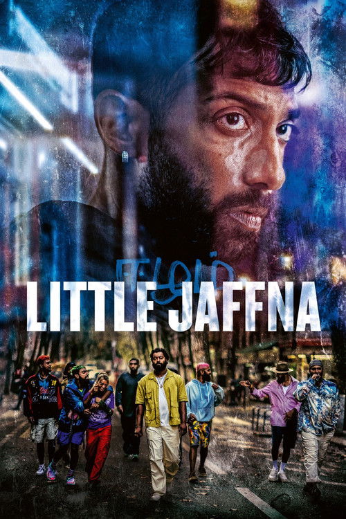 This movie poster captures the vibrant energy of Little Jaffna, featuring a collage of people in colorful clothing against a backdrop of neon lights and urban chaos. The mood is dynamic and energetic, reflecting the film's themes of street life and cultural fusion.