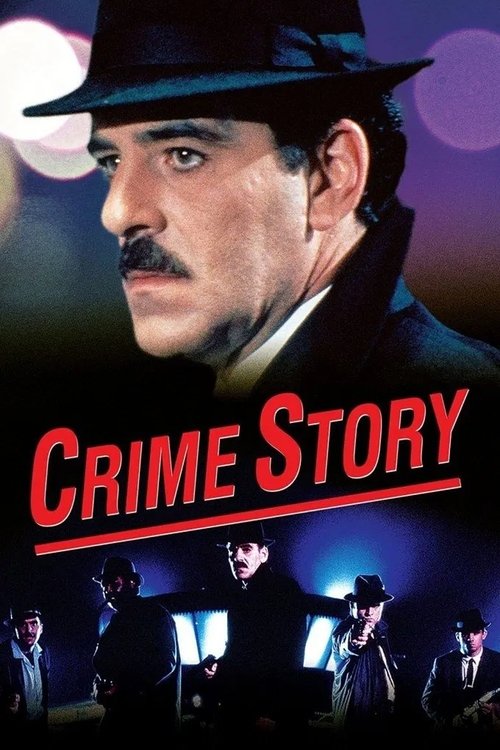The poster features a stern, determined man in a hat and coat, exuding mystery and authority. The title "CRIME STORY" is boldly displayed in red against a dark, moody background. Subtle figures in the lower section suggest a crime-solving narrative, with cool blues and warm purples creating a sus...