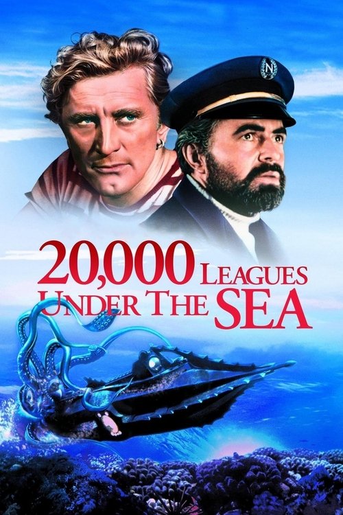 The poster features two characters against a vibrant blue ocean backdrop, evoking a sense of adventure and mystery. The title "20,000 Leagues Under the Sea" is prominently displayed in bold red letters, while the ship and underwater scene add depth to the visual narrative.