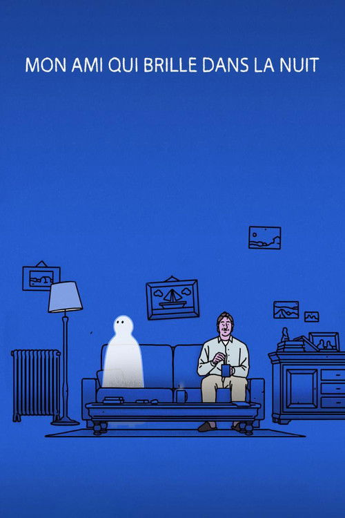 The poster features a man sitting on a couch with a ghostly figure beside him, set against a deep blue background. The mood is mysterious and slightly eerie, evoking a sense of solitude and introspection.