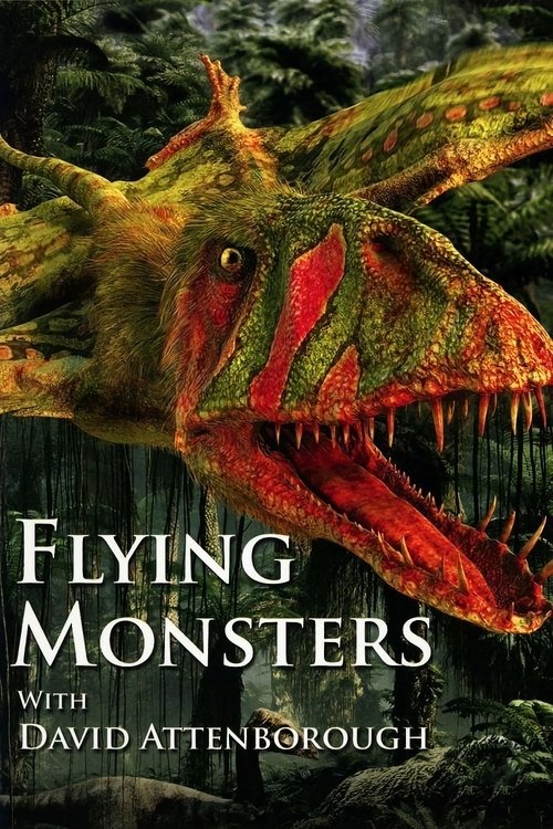 The poster features a dramatic, close-up view of a Tyrannosaurus Rex with vibrant red and green hues, set against a dark, forested backdrop. The title "Flying Monsters" is prominently displayed in bold white letters, emphasizing the creature's airborne nature. The overall mood is adventurous and ...