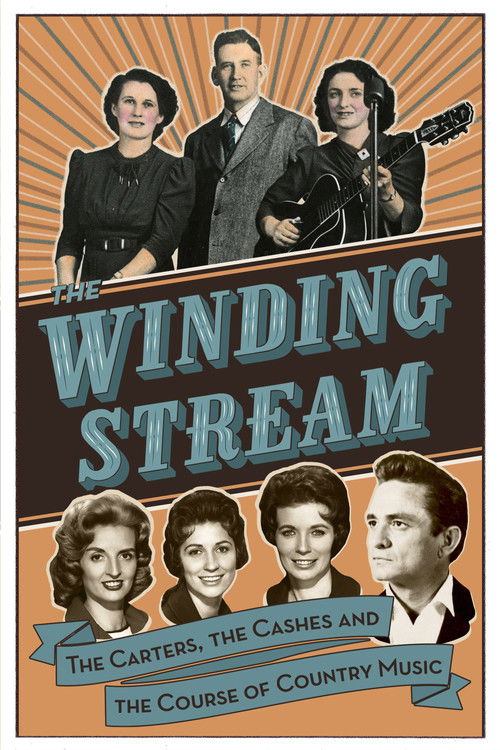 The poster features four people—three women and one man—standing in front of a radiant orange background with sunburst rays. The title "WINDING STREAM" is prominently displayed in bold, teal lettering. Below, smaller text highlights the cast: "The Carteras, The Cashes and The Course of Country Mu...