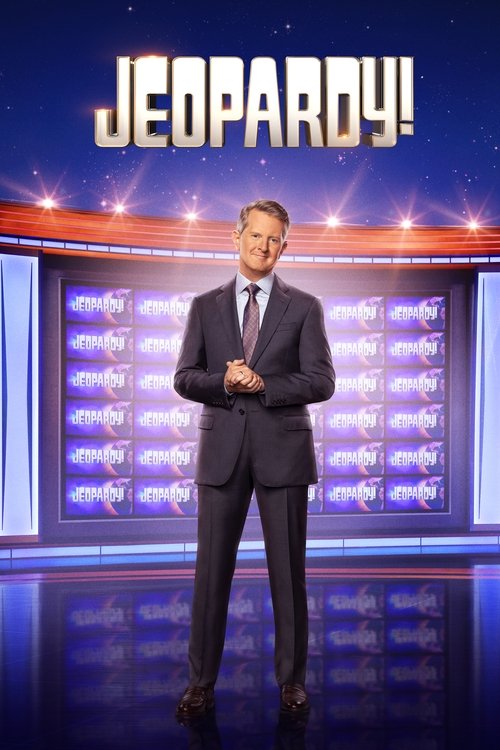 The poster features a man in a suit standing confidently in front of a brightly lit stage with a grid of illuminated screens. The bold "JEOPARDY!" title at the top sets a humorous and energetic tone, while the reflective floor adds depth to the scene. The overall mood is lively and inviting, capt...
