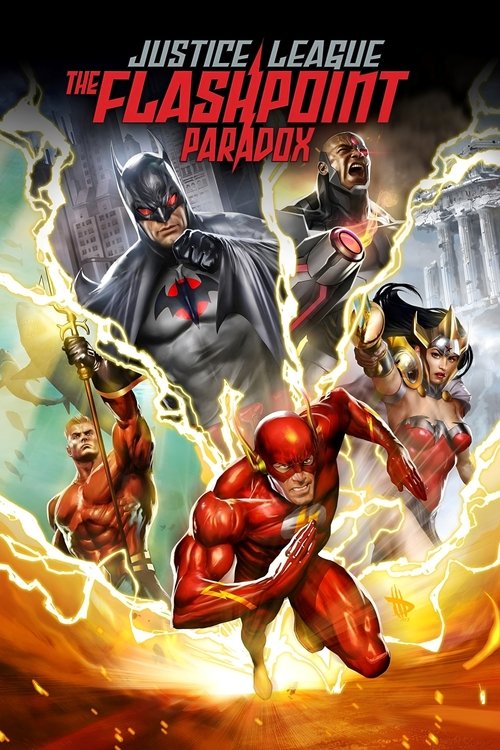 The poster showcases the Justice League in a dramatic confrontation, with Batman, Superman, Wonder Woman, and Flash at their peaks. The fiery background and intense colors create a sense of urgency and danger. The mood is one of high-stakes action, capturing the essence of the Flashpoint Paradox.