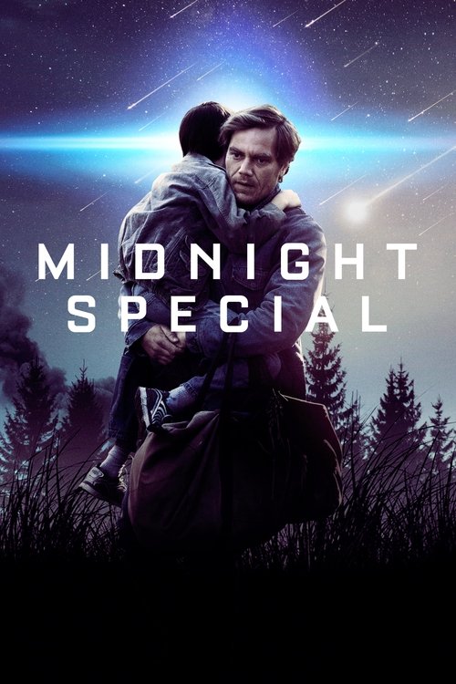 The poster features a man and woman embracing in a dark forest at night, with a starry sky and shooting stars in the background. The title "Midnight Special" is prominently displayed in bold white letters. The overall mood is mysterious and romantic, evoking a sense of adventure and romance.