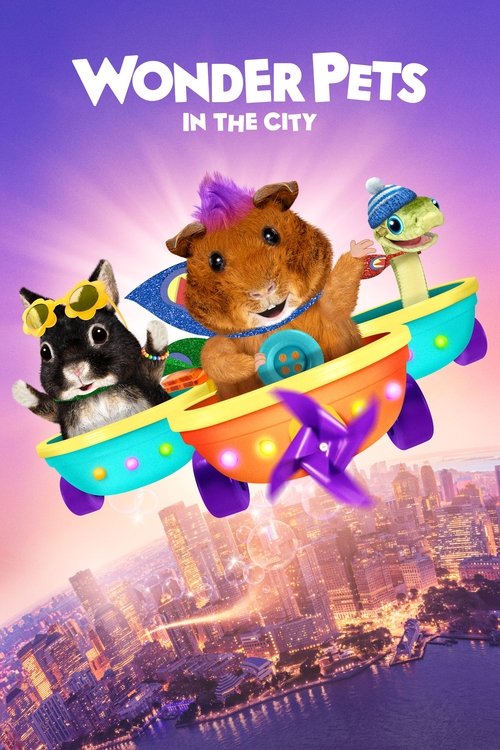 The poster features a group of colorful, anthropomorphic pets in a vibrant cityscape. The playful and adventurous mood is captured with bright colors and whimsical characters.