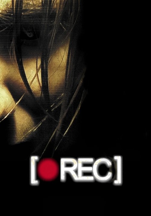 The poster features a close-up of a woman with dark hair and intense eyes, set against a stark black background. The title "[REC]" is prominently displayed in bold white letters, with a red dot replacing the letter 'C'. The overall mood is mysterious and suspenseful, evoking themes of mystery and...