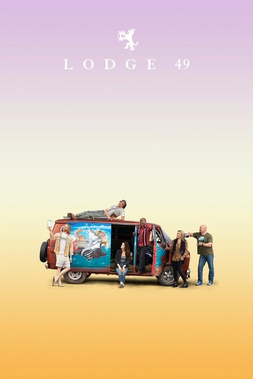 The poster features a whimsical van with colorful, dreamy elements like a blue sky and a rainbow. Several characters are gathered around the van, suggesting a lively and adventurous atmosphere. The warm gradient background enhances the cheerful and nostalgic mood of the scene.