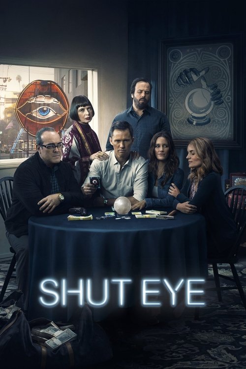 The poster features six characters gathered around a dimly lit table, creating an intimate and mysterious atmosphere. The cool blue tones and shadows enhance the suspenseful mood, while the glowing text "SHUT EYE" adds a striking visual element.
