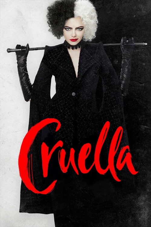 The poster features a striking woman with voluminous black and white hair, wearing a dark, textured coat against a stark black background. Her bold red lipstick and dramatic makeup emphasize her commanding presence. The word "Cruella" in flowing red script dominates the lower portion, adding an e...
