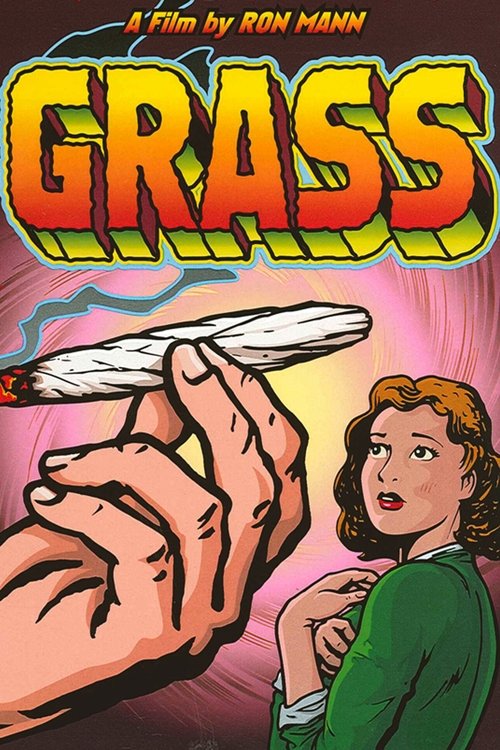 The poster features a dramatic scene with a hand holding a cigarette near a woman's face, set against a vibrant pink and purple background. The title "GRASS" dominates in bold, fiery orange letters, conveying a sense of urgency and danger. The overall mood is intense and suspenseful, suggesting a...