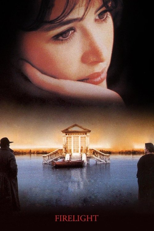 The poster features a woman's face in the top half, her hand resting on her chin, with a mysterious, contemplative mood. Below, silhouettes of two men stand on either side of a tranquil lake at sunset, with a small house and boat in the distance. The warm, golden hues of the setting sun create a ...