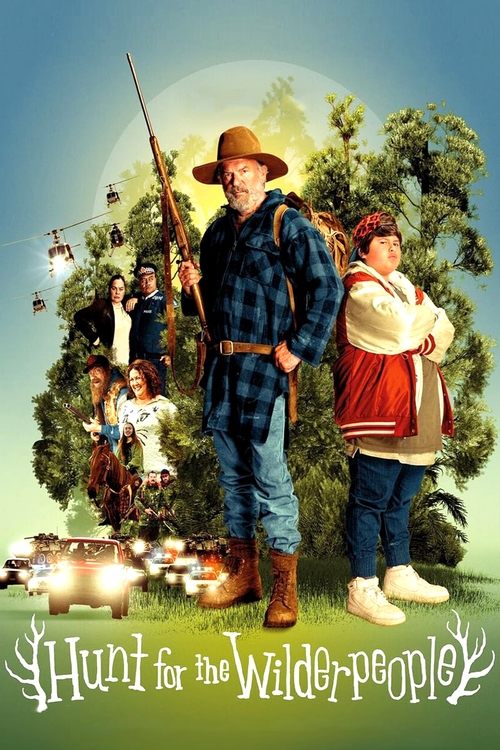 The poster features a cowboy in a plaid shirt and hat standing prominently in the foreground, surrounded by a group of children and adults in rustic attire. The scene is set against a backdrop of lush green trees and a warm, golden sunset, evoking a sense of adventure and nostalgia. The overall m...