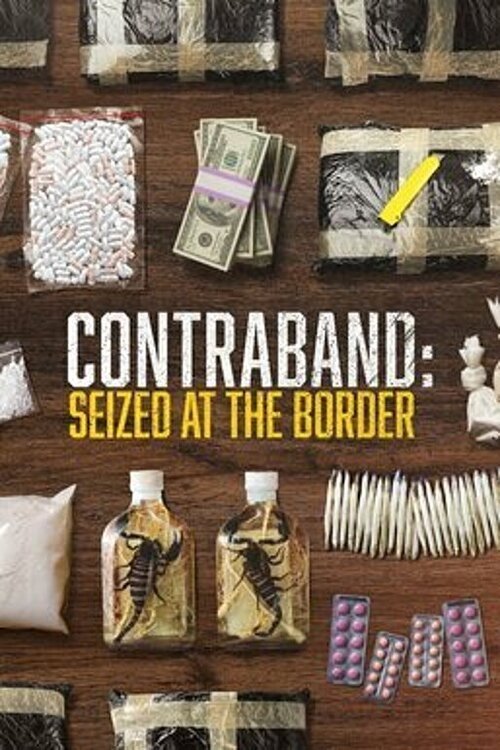 The poster features a dark, gritty border scene with various contraband items like cash, weapons, and personal effects scattered across wooden surfaces. The colors are muted browns, blacks, and grays, creating a somber and serious mood. The title "Contraband: Seized at the Border" is prominently ...