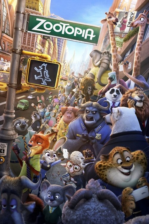 This vibrant poster showcases a bustling city filled with colorful, diverse characters like Judy Hopps, Nick Wilde, and others. The scene is filled with bright colors and lively energy, capturing the lively atmosphere of Zootopia.