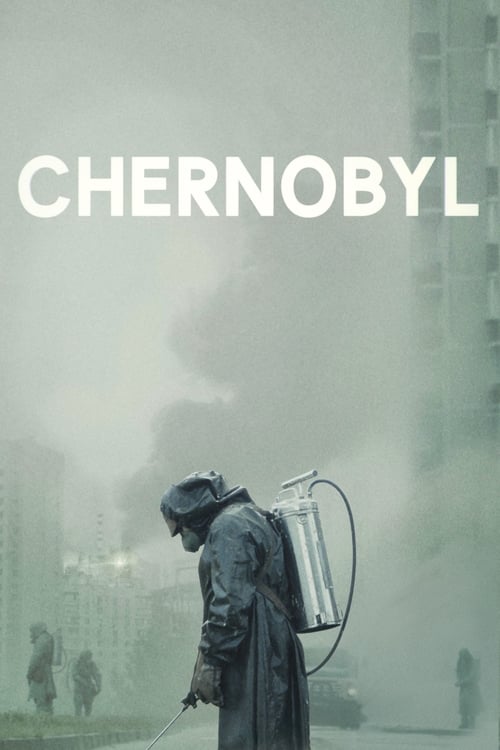 The poster depicts a somber scene of Chernobyl, with a lone figure in a trench coat carrying a backpack, evoking a sense of isolation and despair amidst the nuclear disaster. The muted, desaturated colors and the figure's contemplative posture convey a heavy, melancholic mood.