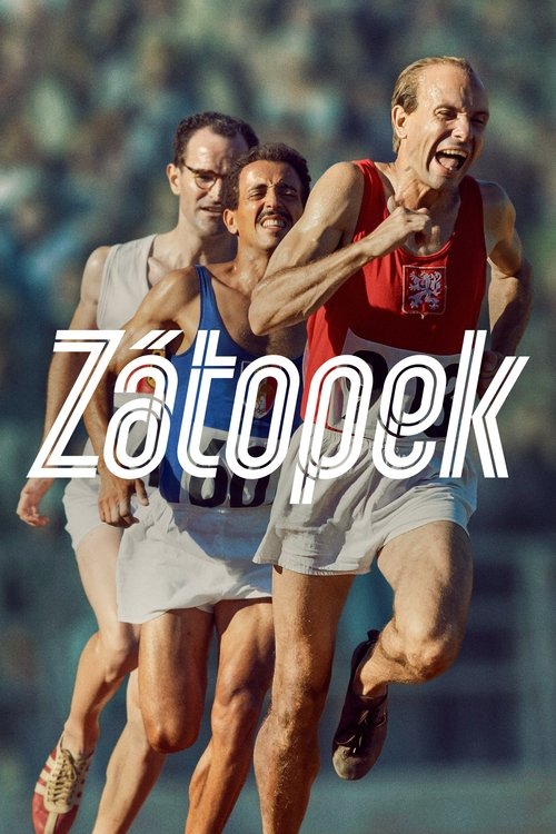 The poster captures three athletes in mid-stride, their dynamic poses conveying speed and determination. The vibrant red jersey of the runner on the right stands out against the muted tones of the background, while the white and blue attire of the others adds contrast. The bold, stylized text "Zá...