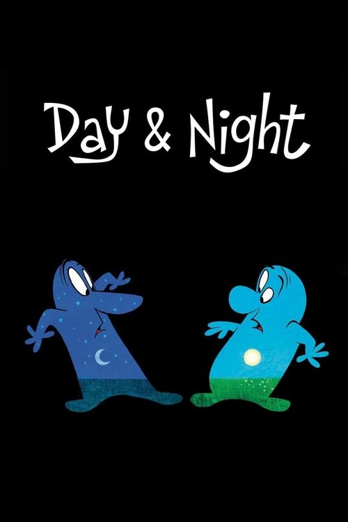 The poster features two whimsical, cartoonish figures against a stark black background. One blue figure with a crescent moon on its back stands to the left, while a green figure with a glowing orb on its chest sits to the right. The playful, friendly expressions and vibrant colors evoke a sense o...