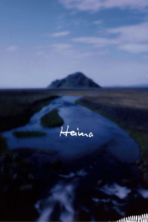 The poster features a serene landscape with a winding river and distant mountains under a twilight sky. The word "Heima" is elegantly written in white script, suggesting a tranquil and mysterious atmosphere.
