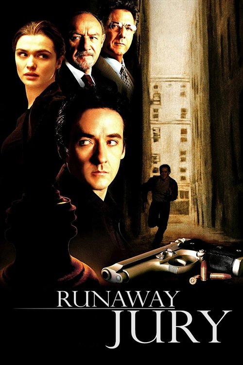 The poster features a dramatic scene with four men in dark suits, their expressions serious and intense. The muted, sepia-toned background suggests a noir atmosphere, while the gun in the foreground adds a sense of danger and action. The title "Runaway Jury" is prominently displayed at the bottom...