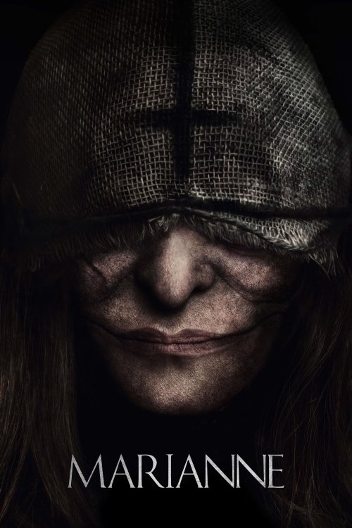 The poster features a hauntingly beautiful woman with a mysterious, enigmatic expression, her face partially obscured by a textured, dark hood. The muted, sepia-toned palette evokes a sense of mystery and foreboding, while the title "Marianne" at the bottom suggests a supernatural or psychologica...