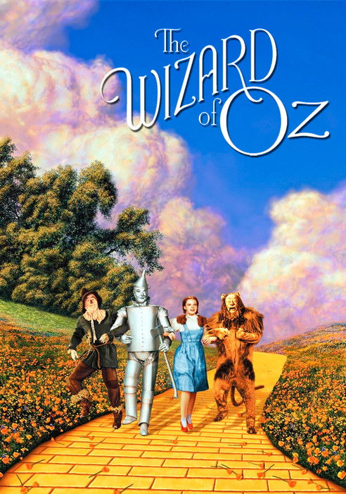 The poster features four children walking along a brick path under a vibrant sky. The children are dressed in colorful costumes, with one in a blue dress, another in a brown outfit, and a third in a green suit. The background showcases lush greenery and a bright blue sky with fluffy clouds. The o...