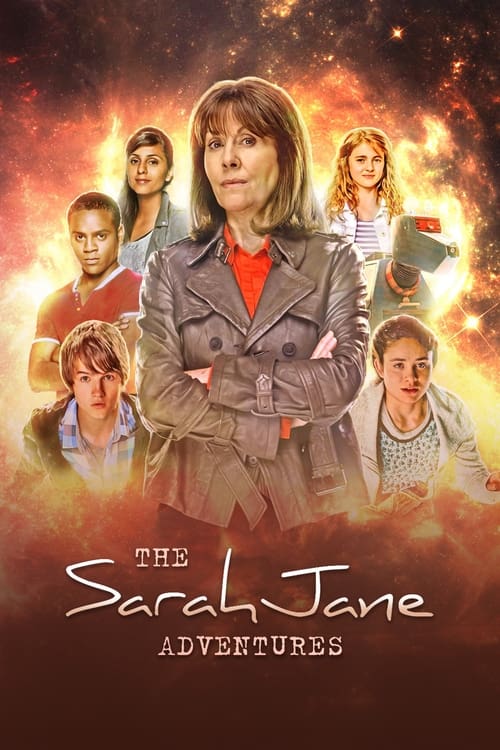 The poster features a central woman with arms crossed, surrounded by six other characters against a fiery, cosmic backdrop. The warm orange and red hues create an adventurous and intense mood, suggesting space exploration and thrilling escapades.