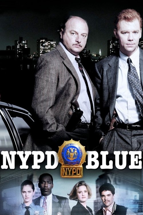 The poster features two men in suits against a dark cityscape backdrop, exuding authority and mystery. The NYPD Blue logo glows in the center, with smaller character portraits at the bottom. The muted tones and dramatic lighting create a serious, noir atmosphere that hints at the show's gritty re...