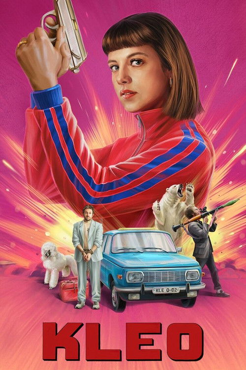 A vibrant pink and purple poster features a determined young woman in a red tracksuit holding a gun, surrounded by dramatic energy effects. Below her, a blue car and three figures—two men and a woman—add to the action-packed atmosphere. The bold red title "KLEO" anchors the image, evoking a sense...