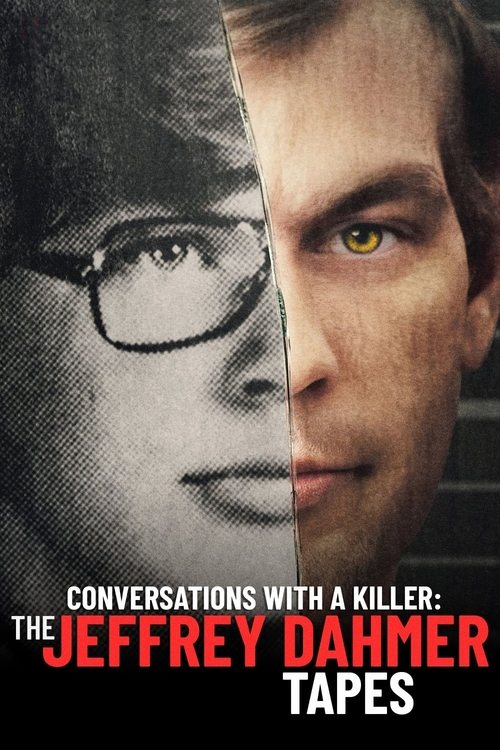 The poster features a split face, one showing a man with glasses and the other a man with green eyes, creating a haunting and mysterious atmosphere. The dark tones and shadowy figures evoke a sense of horror and suspense, while the bold red text "Jeffrey Dahmer Tapes" stands out against the muted...