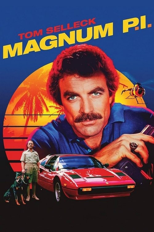 This TV show poster for "Magnum, P.I." features Tom Selleck as the main character, a rugged man with a mustache and red hair, holding a gun. The background showcases a dramatic sunset with palm trees, evoking a noir atmosphere. A red car and a man in a suit add to the classic crime drama feel. Th...