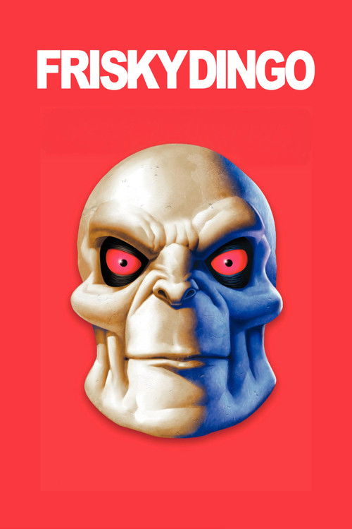 The poster features a striking, split-face dingo with red eyes against a bold red background. The title "FRISKY DINGO" is prominently displayed at the top, suggesting a humorous or action-packed theme.