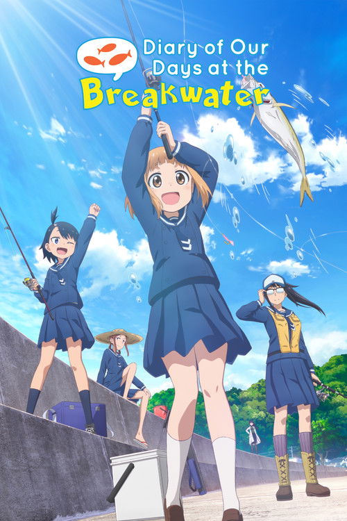 This vibrant poster captures a lively scene of schoolgirls in blue uniforms celebrating under a bright blue sky. The cheerful mood is emphasized by the joyful expressions and dynamic poses of the characters.