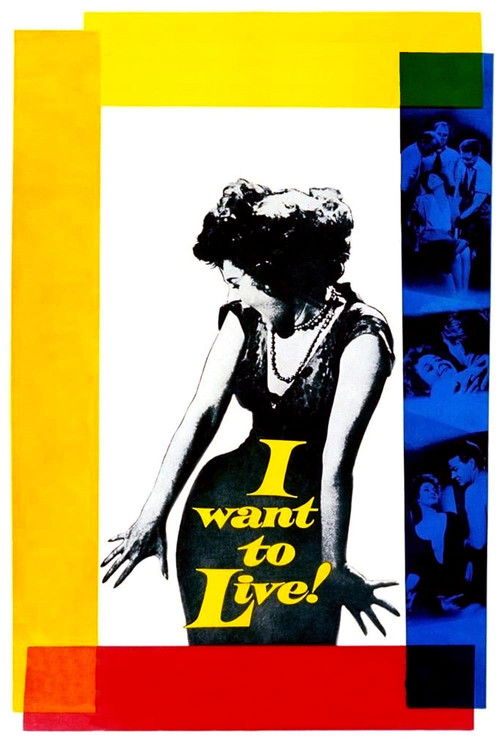 The poster features a stylized black-and-white silhouette of a woman in a dynamic pose against a vibrant yellow background. The bold text "I want to Live!" adds a powerful message, while the blue and green vertical stripes on the right evoke a sense of mystery and intrigue. The overall design con...