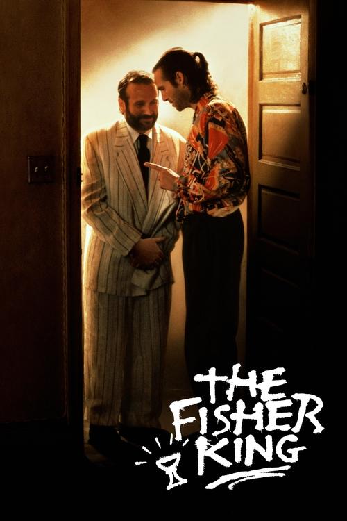 The poster features a man in a light suit and a woman in a patterned blouse standing in a dimly lit doorway, creating an eerie atmosphere. The warm glow contrasts with the cool, shadowy tones, suggesting a suspenseful and mysterious tone. The title, "The Fisher King," is prominently displayed in ...
