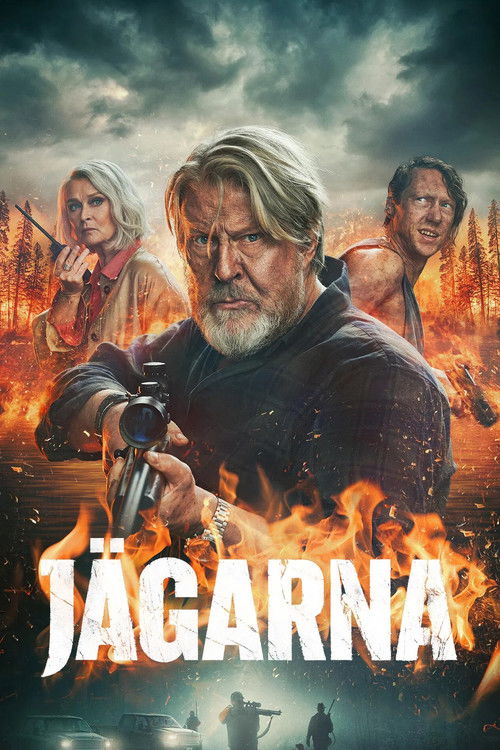 The poster features a central figure with a gun, surrounded by others in a fiery, apocalyptic landscape. The intense colors of orange and black create a dramatic, tense atmosphere. The title "JÄGARNA" is prominently displayed in bold, fiery letters, emphasizing the action-packed and dangerous the...