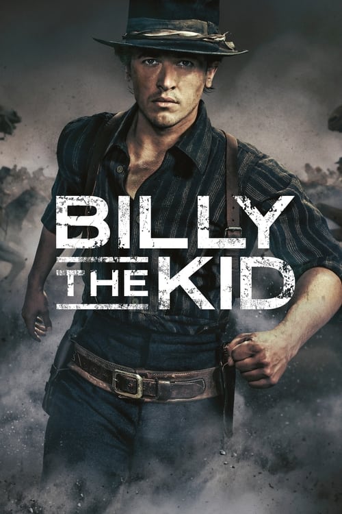 The poster features a rugged cowboy in a dark hat and shirt, exuding a gritty, adventurous mood. The title "Billy the Kid" is prominently displayed in bold, distressed white letters. The overall color palette is muted, with earthy tones and shadows that evoke a sense of danger and historical drama.