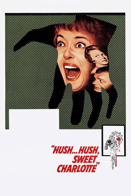 The poster features a woman with a wide-eyed, surprised expression against a green dotted background. She holds a small child in her hand, both looking at the viewer with curiosity. The title "Hush... Hush, Sweet Charlotte" is prominently displayed in red text at the bottom, suggesting a playful ...