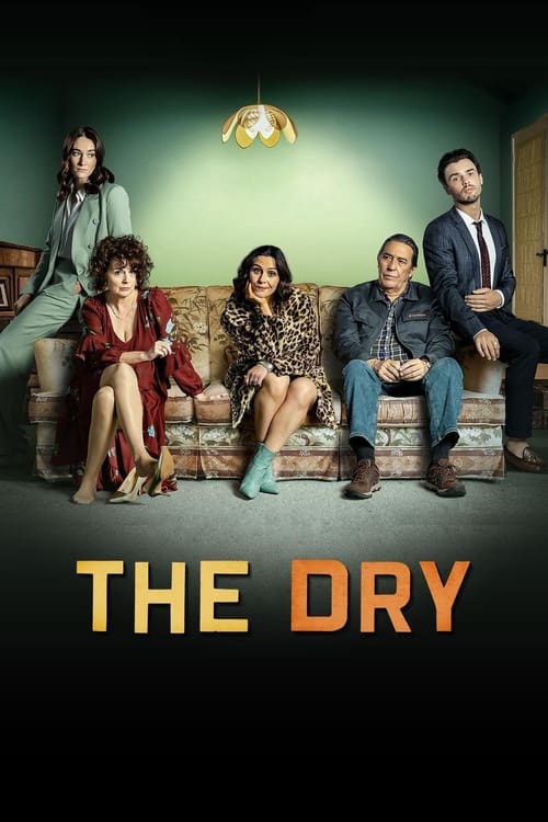 The poster features five characters sitting on a brick wall, exuding a mix of tension and humor. The warm lighting and earthy tones create an inviting yet suspenseful atmosphere. The title "THE DRY" is prominently displayed in bold, orange letters at the bottom, hinting at the show's comedic and ...