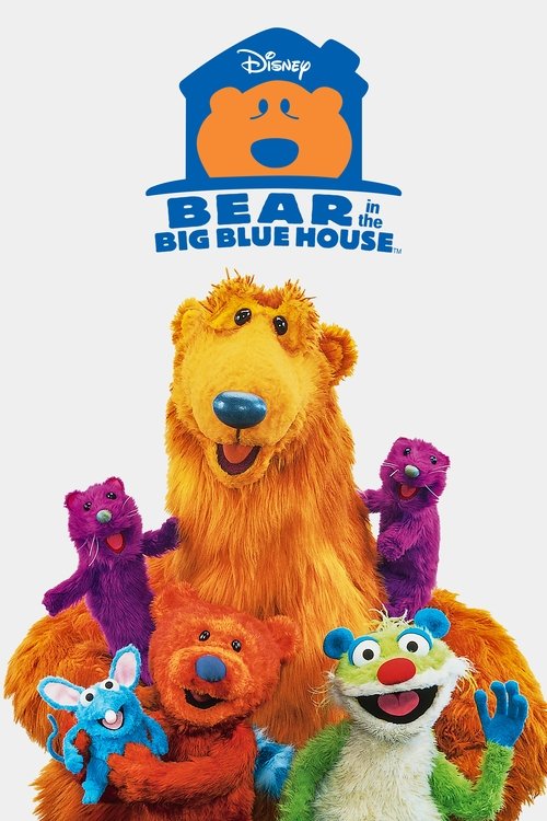 The poster features a large orange bear with a cheerful expression, surrounded by colorful plush toys in vibrant hues of purple, blue, and green. The Disney logo at the top sets a playful tone, while the warm lighting enhances the inviting atmosphere of the children's show.