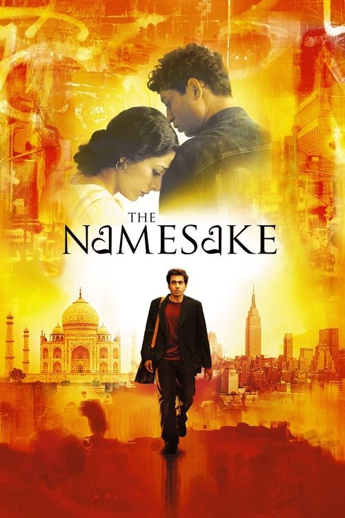 The poster features a dramatic scene with a man and woman in the foreground, set against a fiery, warm-toned backdrop. The title "The Namesake" is prominently displayed in bold, white lettering. The overall mood is intense and emotional, suggesting themes of love, loss, and identity.