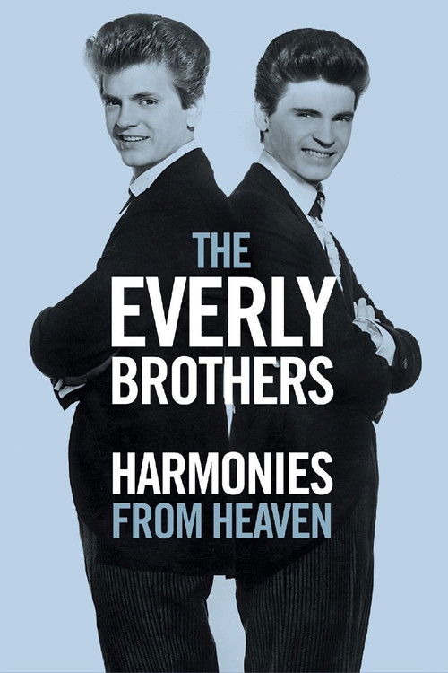 The Everly Brothers' iconic black-and-white portrait poster features two men in matching suits, exuding timeless charm against a soft blue background. The bold typography and classic film aesthetic evoke a nostalgic, timeless mood, capturing the essence of their legendary musical partnership.