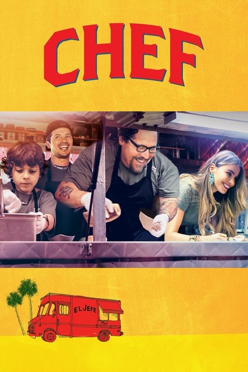 The poster features a vibrant yellow background with the bold red title "CHEF" at the top. Below, four characters are depicted in a lively, colorful scene, suggesting a fun and adventurous journey. The red bus and palm trees add to the cheerful and energetic atmosphere, evoking a sense of excitem...