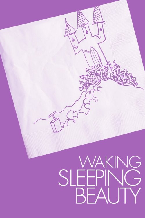 The poster features a white silhouette of a castle with a whimsical, dreamy castle tower design. The title "Waking Sleeping Beauty" is displayed in bold, purple text at the bottom. The overall mood is dreamy and magical, with purple and white color scheme evoking a sense of fantasy and wonder.