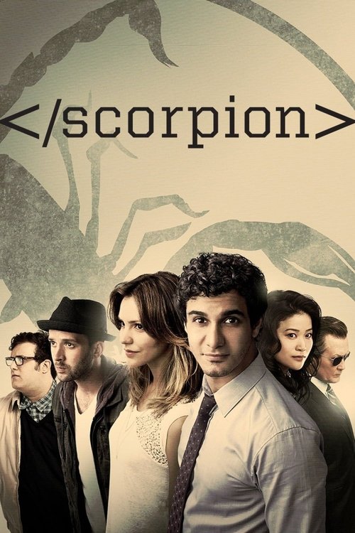 The poster features a group of characters in a dimly lit, atmospheric setting with muted tones and a mysterious, eerie mood. The central figure stands out with a confident expression, while others are partially visible, suggesting an ensemble cast. The title "Scorpion" is prominently displayed, h...